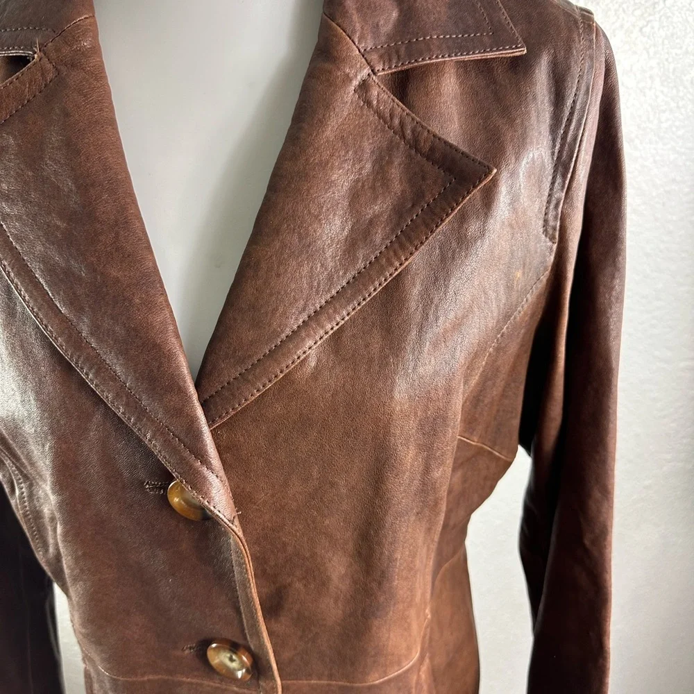 Michael Kors Brown Distressed Leather Long Western Style Button Jacket Size M